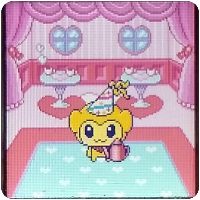 pasta in a pink, heart themed cafe. there's heart shaped windows, two tables with 2 teacups on each table and heart bases, pink curtains, and a pink and blue rug with hearts that pasta is standing on. he is carrying a pink teapot.