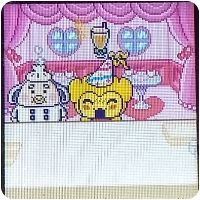 pasta smiling after completing the cooking minigame. he's in the same pink room, but covering half the screen is a white table. he is holding a glass filled with orange colored juice, and standing next to him is a dumpling themed chef tamagotchi.