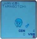 pasta's character screen. he's a blue circle shaped tamagotchi with half of an eggshell on it's head. listed is the user name, jamie, the character type, tamabotchi, gender, boy, generation, 4, and age, 0.