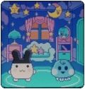 pasta and mimitchi, a bunny-like tamagotchi with black ears and a chubby white body, standing in pasta's bedroom. it's night sky themed, with stars and moon hanging from the ceiling.