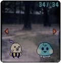pasta and the attendant, a small egg shaped tamagotchi with a purple ponytail and yellow and black puffy shorts. they are standing in a grassy, sandy area by a tree and fence.