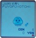 pasta's character screen. hes a blue jellyfish-like tamagotchi with white circles on his cheeks and a swirl of hair. listed is the user name, jamie, the character type, fuyofuyotchi, gender, boy, generation, 4, and age, 0.