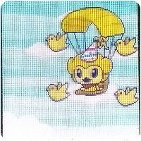 pasta is riding a yellow paraglider in the sky with four yellow birds surrounding him.